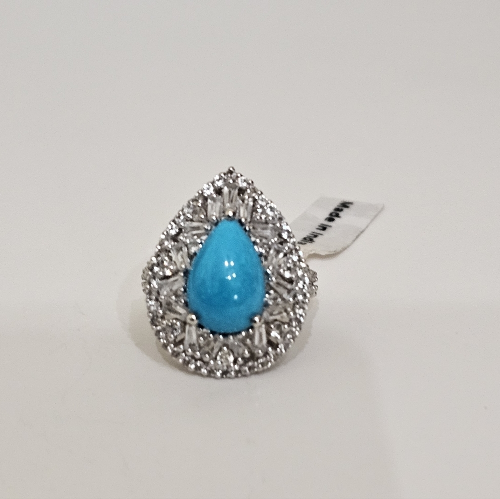 Natural Sleeping Beauty Turquoise & Topaz Sterling Silver Platinum Sz 7 NWT